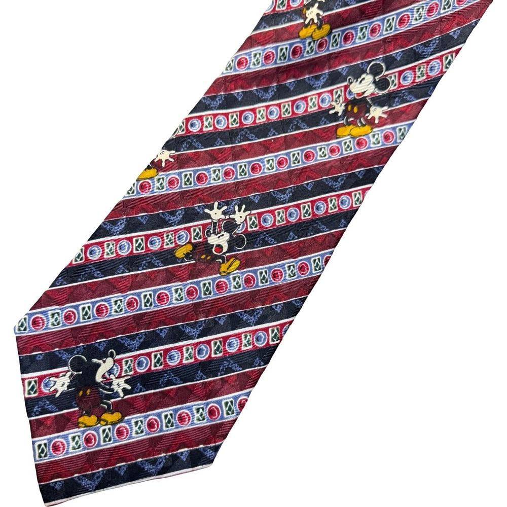 Disney Store Mickey Mouse Necktie Mens OS Red Blue Striped Silk Character Tie